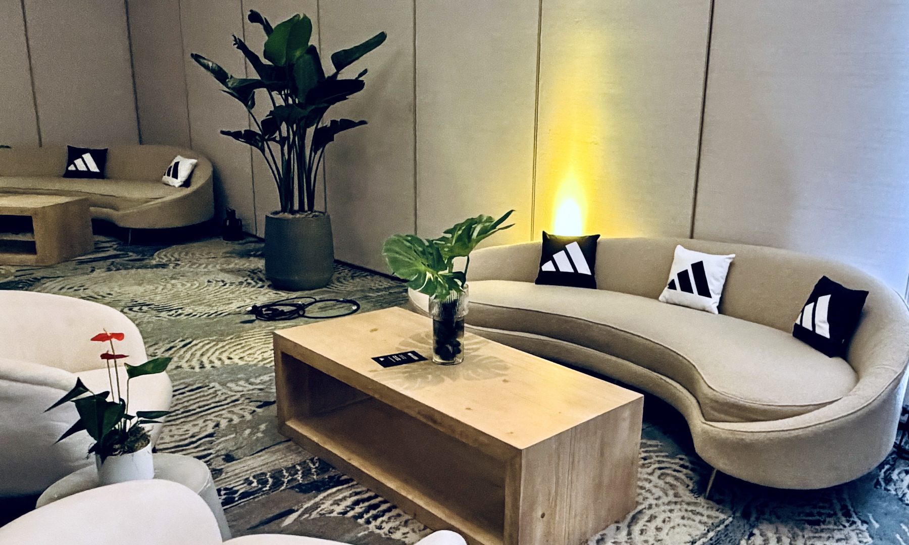 Brand lounge install — curved sofas, bird of paradise, anthurium
