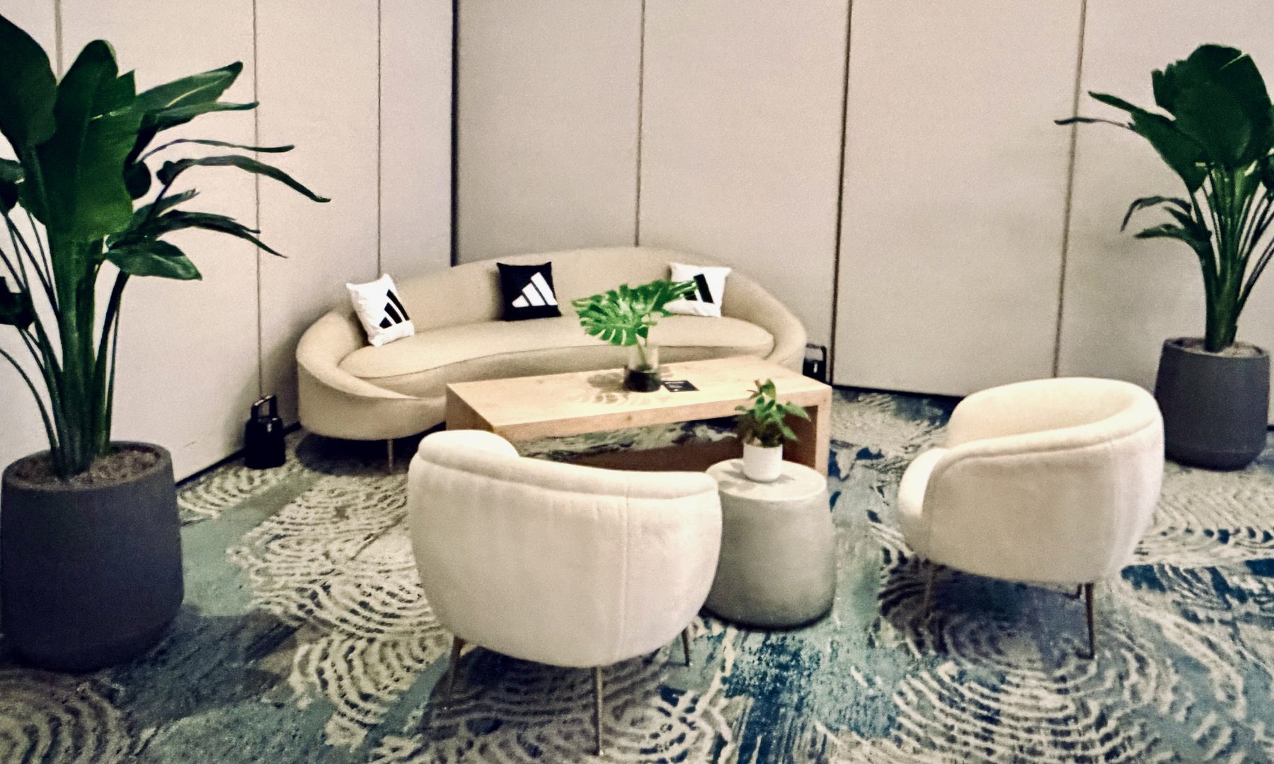 Brand lounge install — symmetrical front view